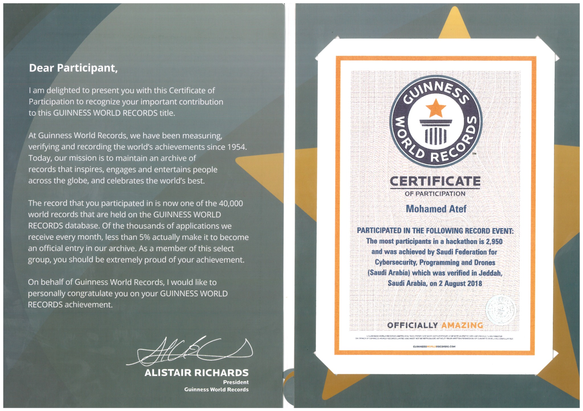 Guinness World Records — Certificate & Recognition Letter